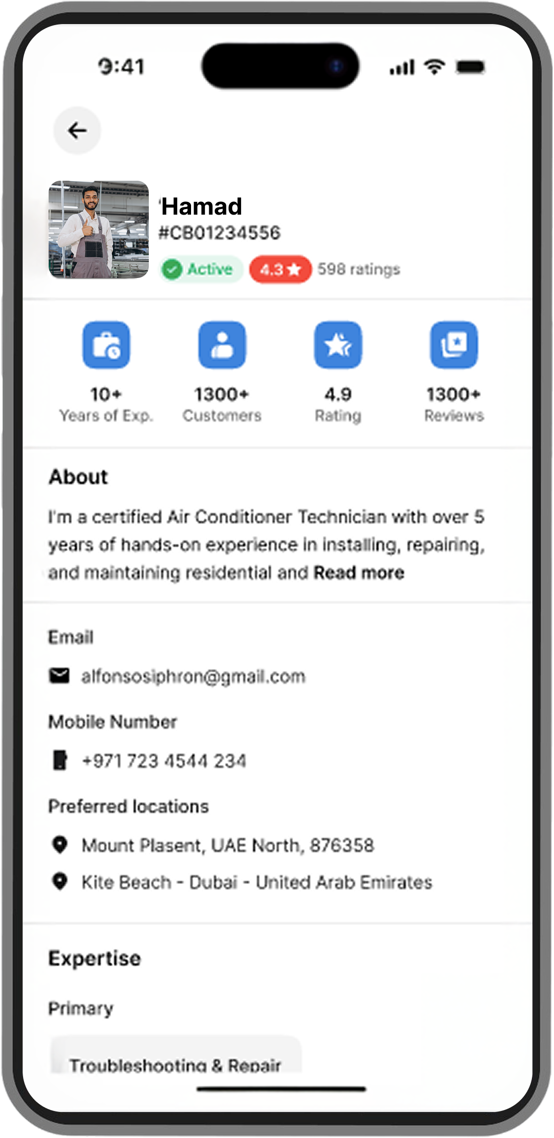 Technician profile showing experience, ratings, and service details